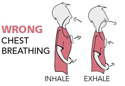 Image text: "Wrong chest breathing" Image shows upright person chest moving out and belly moving in on inhale. His belly moves out and chest moves in on exhale.