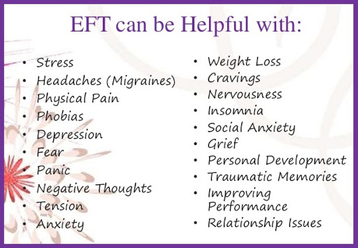 EFT can be helpful with: stress, headaches migraines), physical pain, phobias, depression, fear, panic, negative thoughts, tension, anxiety, weight loss, cravings, nervousness, insomnia, social anxiety, grief, personal development, traumatic memories, improving performance, relationship issues