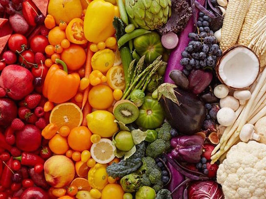 red, orange, yellow, green, purple, and white foods organized by color